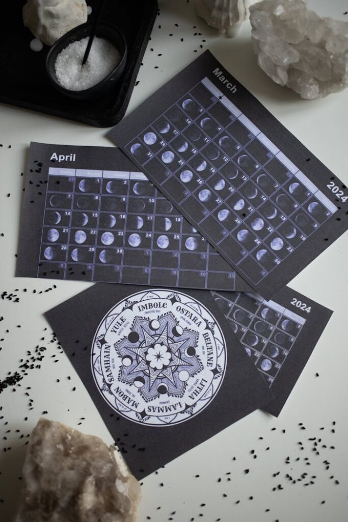A moon phase calendar featuring a modern pagan Wheel of the Year laid on a white desk.